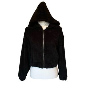 Black Hooded Super Soft Cropped Teddy Zip Up Jacket Women’s Small